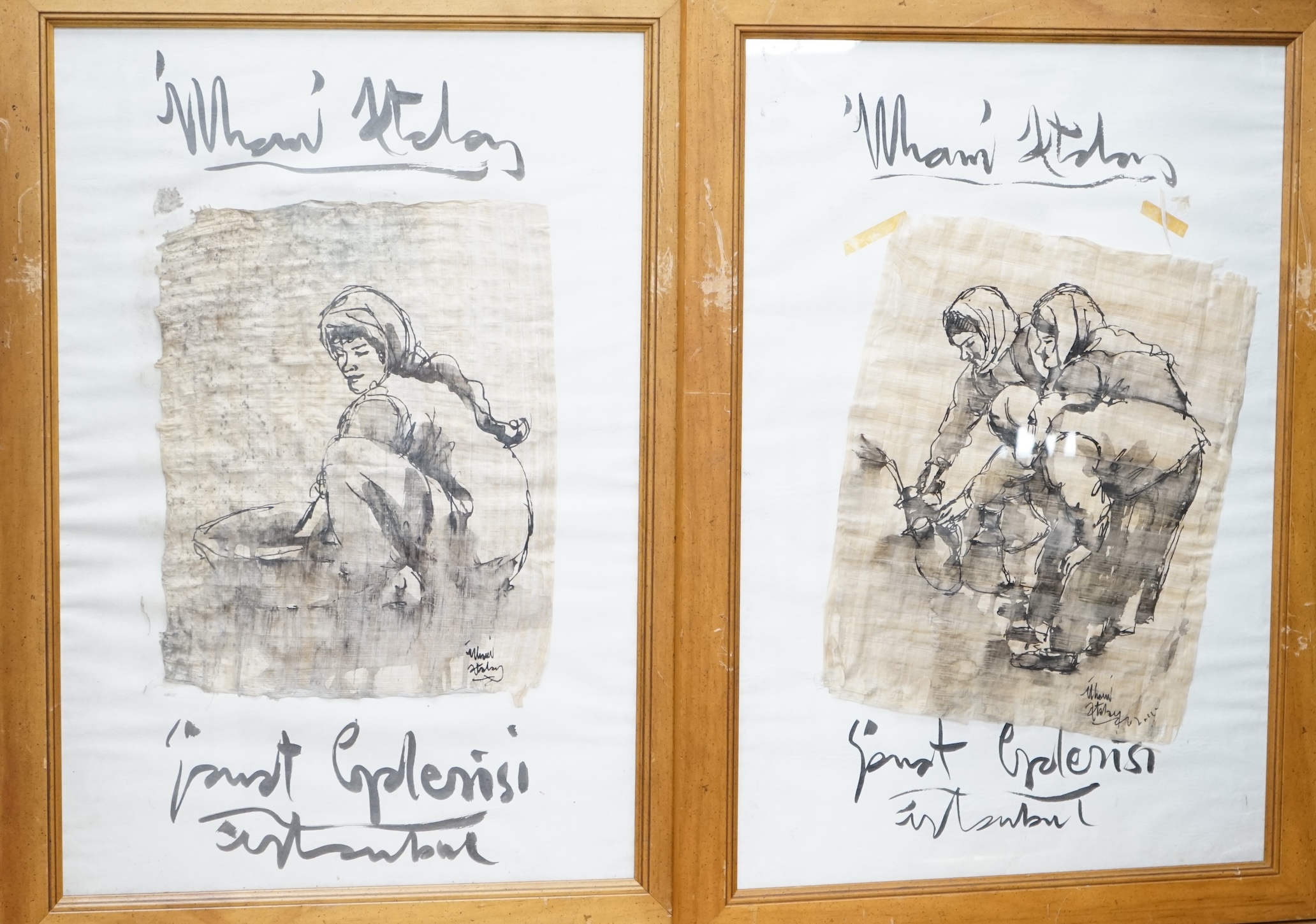 Turkish School, pair of inks, Studies of women, each indistinctly signed, overall 73 x 48cm. Condition - poor to fair